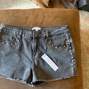 Vigoss Washed Black Denim Shorts with Red Logo Tag